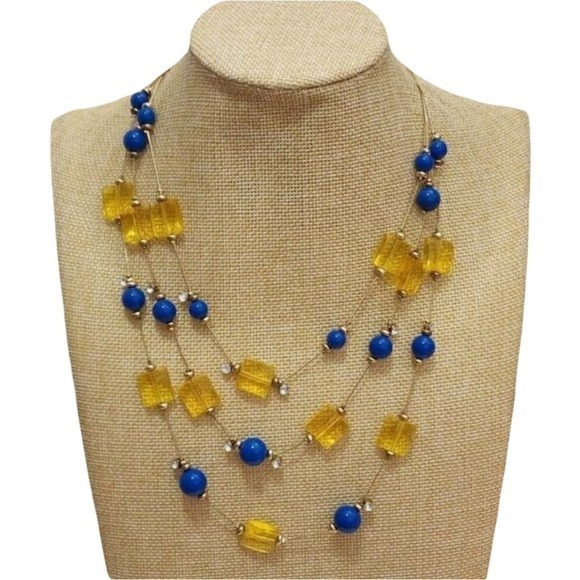 Treska Jewelry - Treska Blue Yellow Multi Strand Layered Statement Necklace Gold Tone Rhinestones